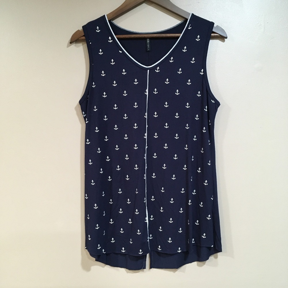 Edista Anchor Print Tank Top Womens Large Navy Nautical Coastal Casual Vacation